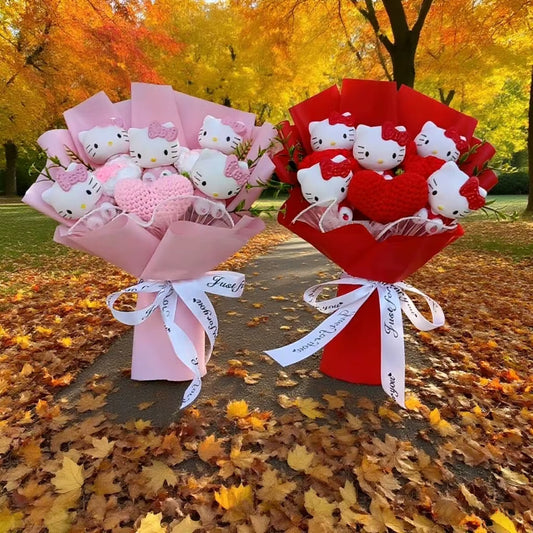 Hello Kitty Hand Woven Rose Bouquet Kawaii Anime Vinyl Hello Kitty Doll Valentine'S Day Christmas Holiday Gift