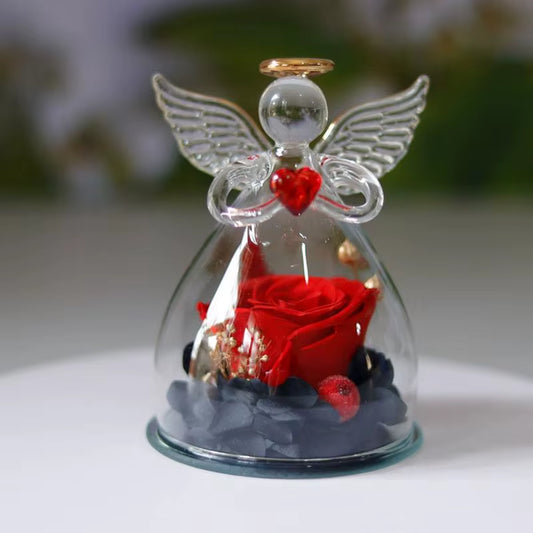 Eternal Flowers Angel Rose Figurines Gifts Preserved Rose in Angel Glass Cover Mothers Day Valentine Day Gifts for Mother Women