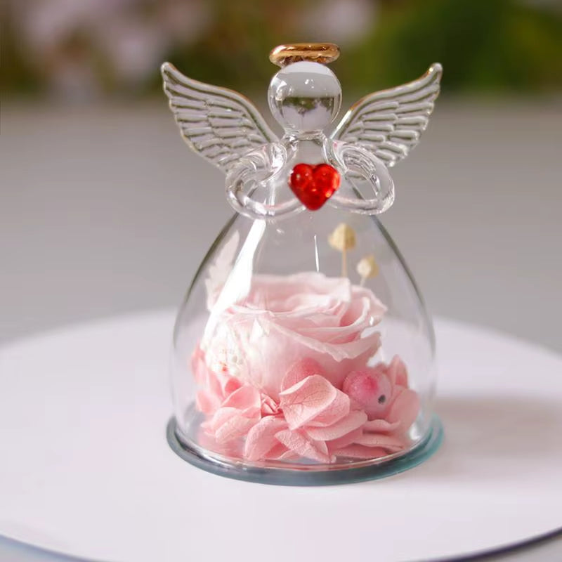 Eternal Flowers Angel Rose Figurines Gifts Preserved Rose in Angel Glass Cover Mothers Day Valentine Day Gifts for Mother Women