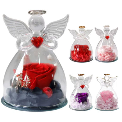 Eternal Flowers Angel Rose Figurines Gifts Preserved Rose in Angel Glass Cover Mothers Day Valentine Day Gifts for Mother Women