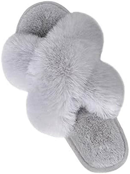 Fluffy Slippers with Cross Band - Women'S Slippers, Fluffy Slippers, Comfortable Anti-Slip Plush Cross Faux Fur Slippers (Pink, 7-8, Medium)