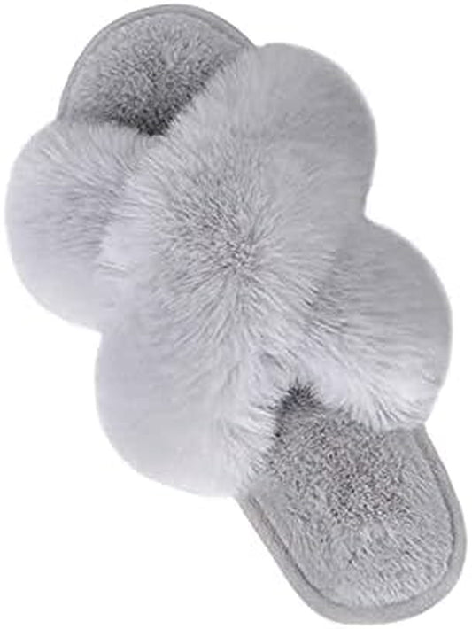 Fluffy Slippers with Cross Band - Women'S Slippers, Fluffy Slippers, Comfortable Anti-Slip Plush Cross Faux Fur Slippers (Pink, 7-8, Medium)