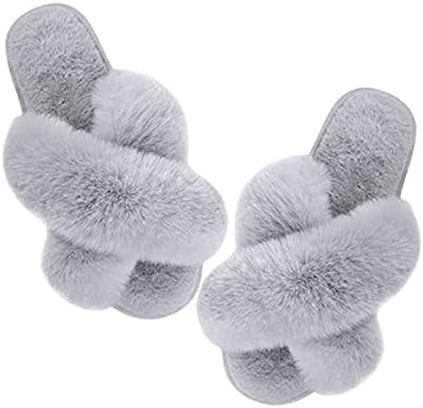 Fluffy Slippers with Cross Band - Women'S Slippers, Fluffy Slippers, Comfortable Anti-Slip Plush Cross Faux Fur Slippers (Pink, 7-8, Medium)