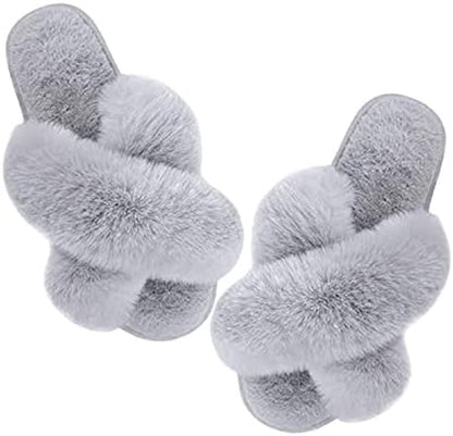 Fluffy Slippers with Cross Band - Women'S Slippers, Fluffy Slippers, Comfortable Anti-Slip Plush Cross Faux Fur Slippers (Pink, 7-8, Medium)
