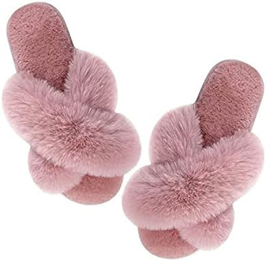 Fluffy Slippers with Cross Band - Women'S Slippers, Fluffy Slippers, Comfortable Anti-Slip Plush Cross Faux Fur Slippers (Pink, 7-8, Medium)