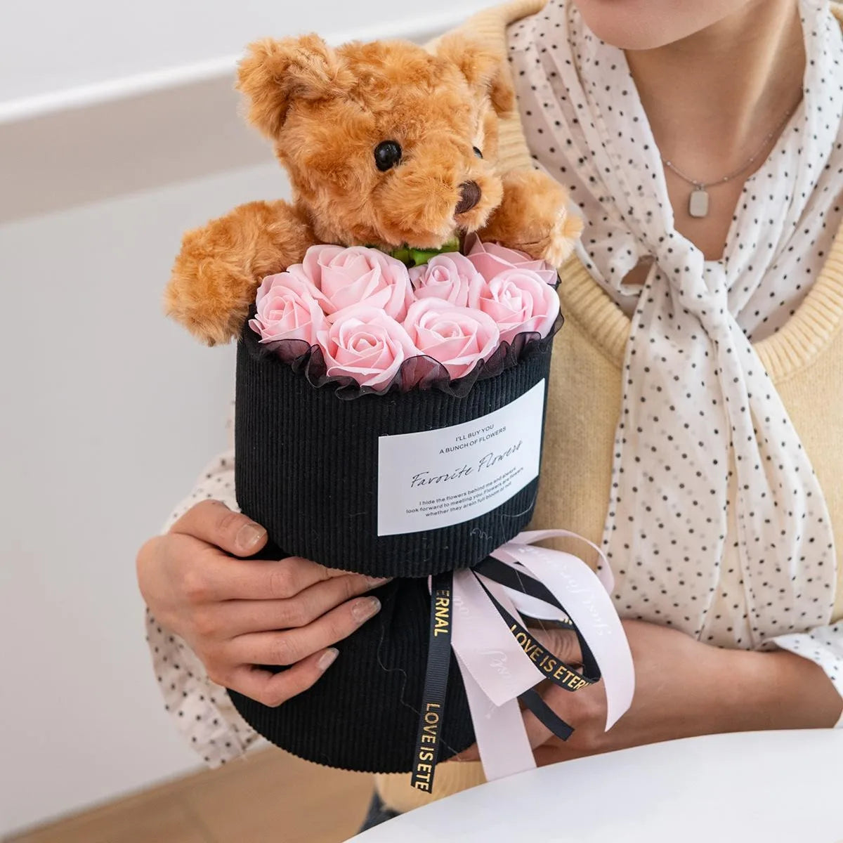 Valentine'S Day Gift for Her Rose Bouquet with Cute Bear Artificial Flower Home Decor for Living Room Bedroom Wedding Decoration