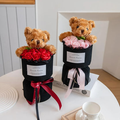 Valentine'S Day Gift for Her Rose Bouquet with Cute Bear Artificial Flower Home Decor for Living Room Bedroom Wedding Decoration