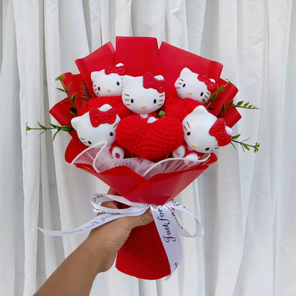 Hello Kitty Hand Woven Rose Bouquet Kawaii Anime Vinyl Hello Kitty Doll Valentine'S Day Christmas Holiday Gift