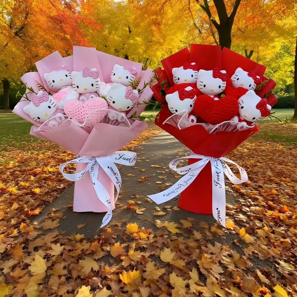 Hello Kitty Hand Woven Rose Bouquet Kawaii Anime Vinyl Hello Kitty Doll Valentine'S Day Christmas Holiday Gift