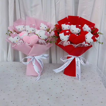 Hello Kitty Hand Woven Rose Bouquet Kawaii Anime Vinyl Hello Kitty Doll Valentine'S Day Christmas Holiday Gift