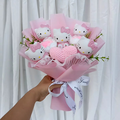 Hello Kitty Hand Woven Rose Bouquet Kawaii Anime Vinyl Hello Kitty Doll Valentine'S Day Christmas Holiday Gift
